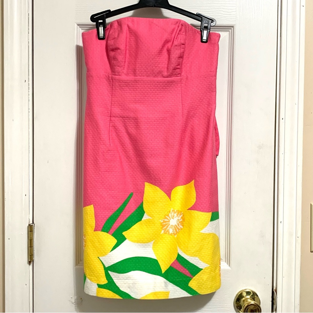 Lilly Pulitzer Strapless Mini Dress 00 Franco Dancing Daffodils Pink 100% Cotton - Picture 3 of 14